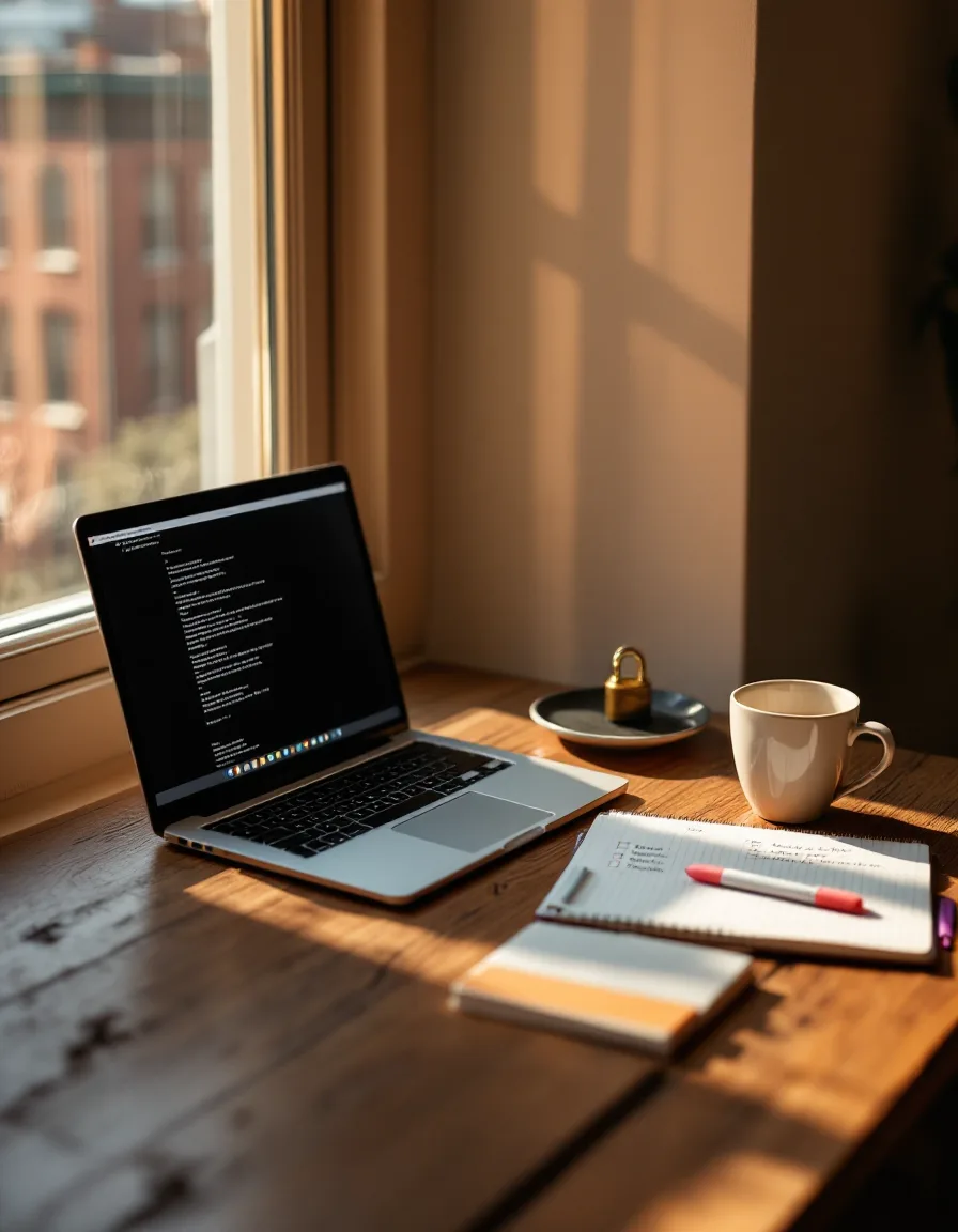 A security consultant’s desk by a tall brownstone window, with a laptop terminal, a handwritten checklist and a coral highlighter in late-afternoon light