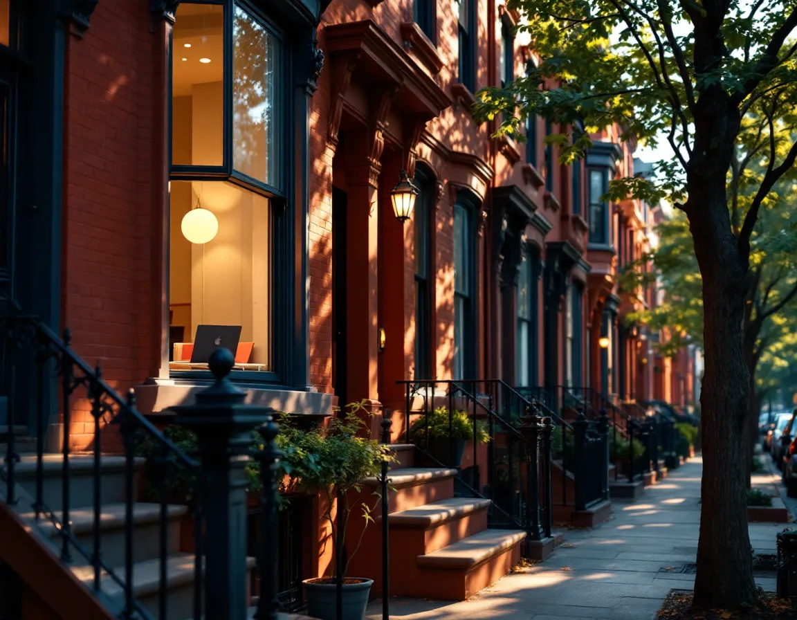 Brownstones with wrought-iron stoop railings on West 137th Street, a lamp-lit office window on the parlor floor